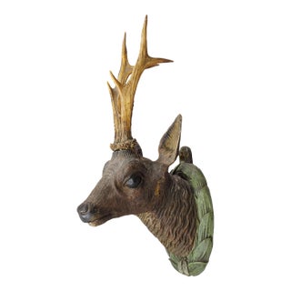 Great Antique Black Forest Wooden Carved Deer Head Ca. 1900s For Sale
