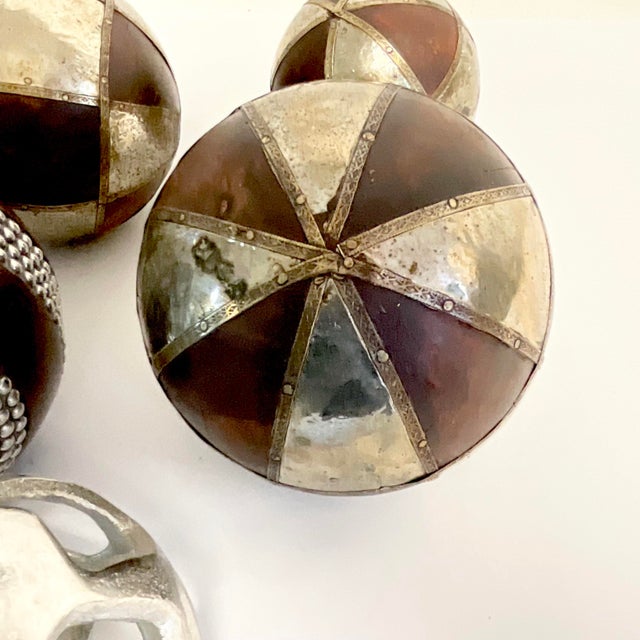 1980s 1980s Vintage Boho Chic Arts & Crafts Decorative Balls, Wood and Metal - Set of 6 For Sale - Image 5 of 11