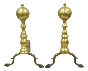 Antique English Colonial Brass Cannonball Branch Leg Andirons W/ Patina - A Pair