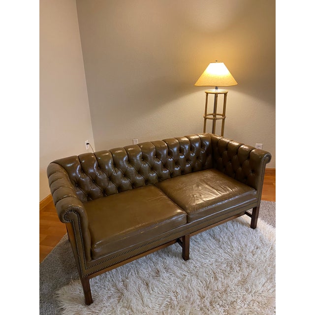 Kittinger Leather Tufted Chesterfield Loveseat Sofa in Deep Olive Green