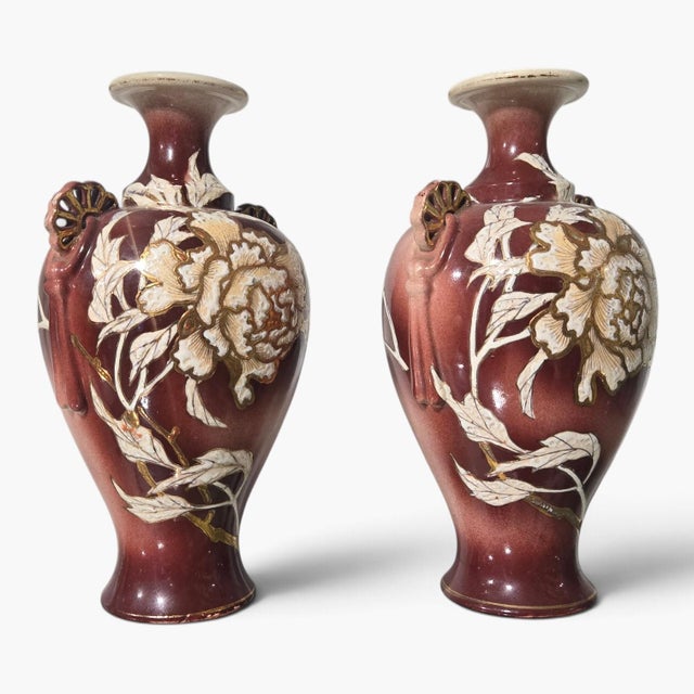 Japanese Pair of Antique Japanese Satsuma Moriage Peony Vases 19th C Expertly Restored For Sale - Image 3 of 8