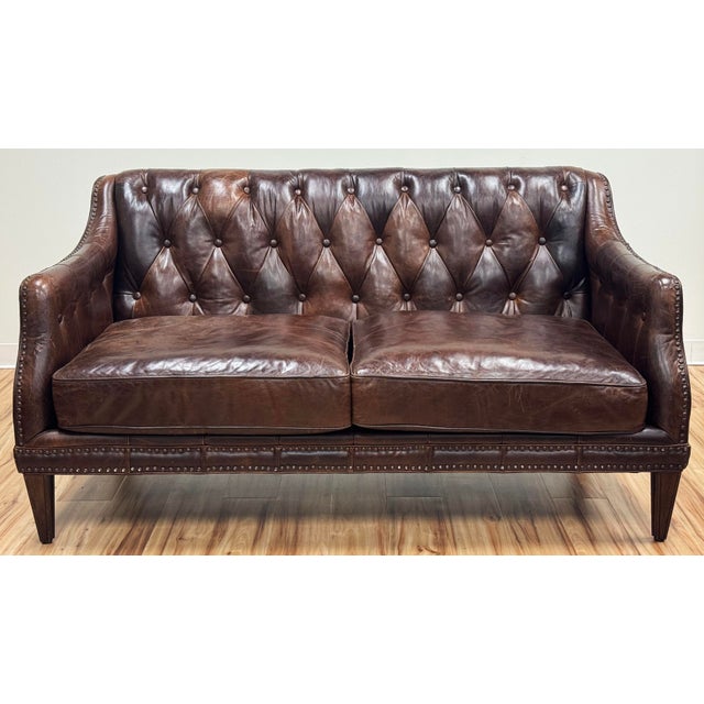 Vintage Tufted Leather Settee With Nailhead Trim For Sale - Image 4 of 16