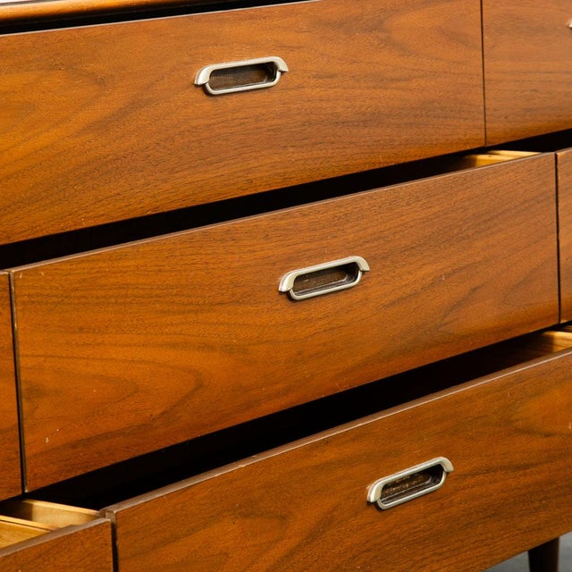 Mid Century Modern Dresser Credenza Bp John Metal 9 Drawer Walnut Vintage MCM Nm For Sale - Image 9 of 12