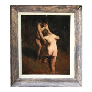 Antique 19th Century French Impressionist Barbizon School Oil Painting on Canvas Study of Two Nude Women Bathers in the Manner of Jean Francois Millet