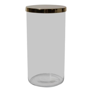 Modern Clear Glass Cylinder Vase With Gold Metal Floral Frog Lid For Sale