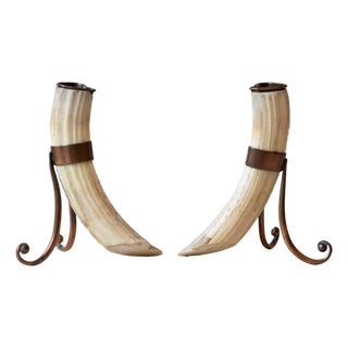 Rustic Pair of 19th Century Game Animal Horns Mounted on Scrolling Metal Stands For Sale