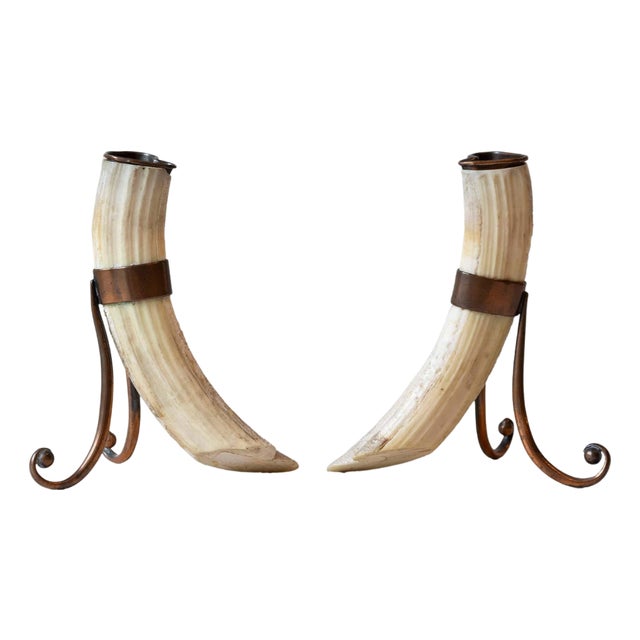 Rustic Pair of 19th Century Game Animal Horns Mounted on Scrolling Metal Stands For Sale