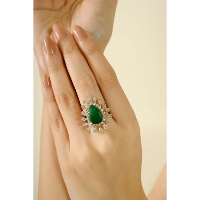 Not Yet Made - Made To Order 4.62 Ct Pear Cut Emerald Diamond Cocktail Ring Size 5.5 in 18k Solid Gold For Sale - Image 5 of 12