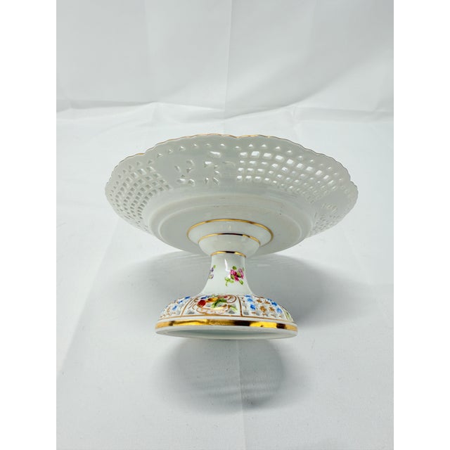 Art Nouveau Antique Dresden Floral Encrusted & Pierced Porcelain Compote For Sale - Image 3 of 8