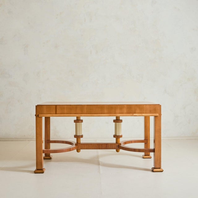 French Maple Desk with Hand-Cut Inlaid Parquetry Top, 1940s For Sale - Image 4 of 11