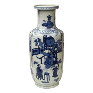 Oriental Blue White People House Gathering Graphic Porcelain Art Vase For Sale