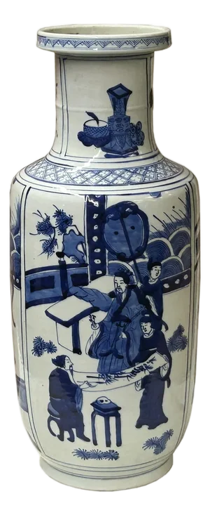 Oriental Blue White People House Gathering Graphic Porcelain Art Vase