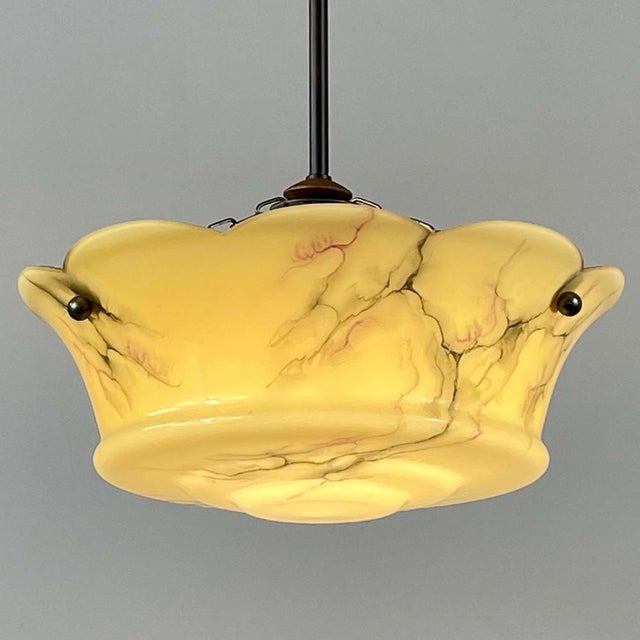Metal Art Deco Marbled Opaline & Brass Semi Flush Mount, Sweden, 1930s For Sale - Image 7 of 16