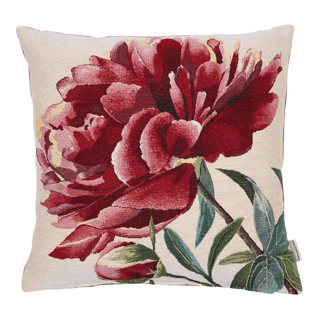 Peony Red Woven Cushion With Feather Filler - 42x42cm (17"x17") For Sale