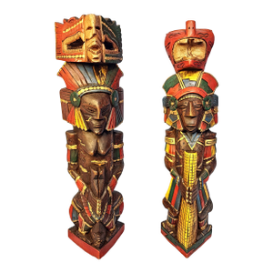 Pair of Mayan Aztec Vintage Totem Sculptures ~ Hand Painted ~ Hand Carved