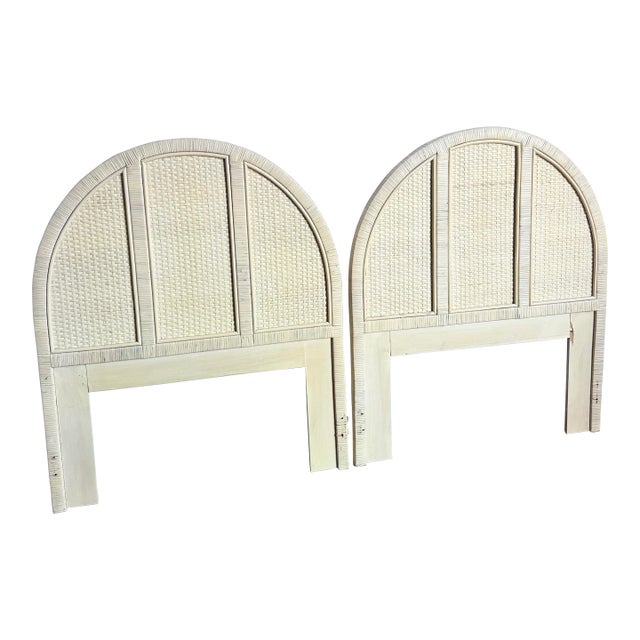 Boho Chic White Washed Wrapped Wicker Twin Headboards - A Pair For Sale