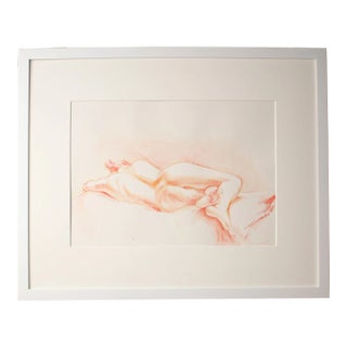Original Signed Nude Reclining Figure Drawing in Orange With White Frame For Sale
