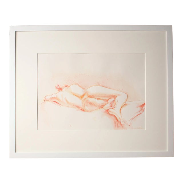 Original Signed Nude Reclining Figure Drawing in Orange With White Frame For Sale