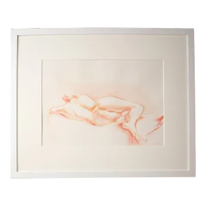 Original Signed Nude Reclining Figure Drawing in Orange With White Frame