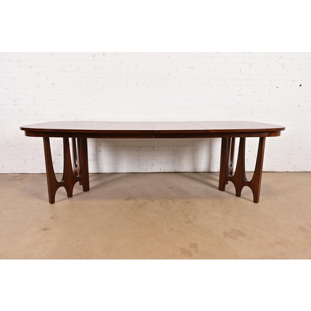 Mid-Century Modern Broyhill Brasilia Mid-Century Modern Sculpted Walnut Extension Dining Table, Newly Refinished For Sale - Image 3 of 13