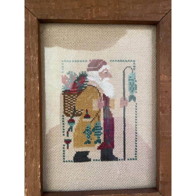 Farmhouse Vintage Christmas Santa Claus Counted Cross Stitch Needlepoint Framed Wall Art For Sale - Image 3 of 6