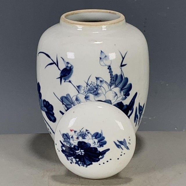 Asian Vintage Blue & White Porcelain Tea Jar With Lid – Lotus Pond & Bird Motif, "Wan Yu" Mark For Sale - Image 3 of 9
