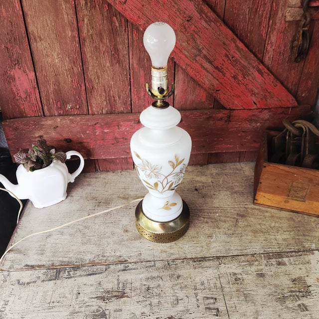 Vintage Milk Glass Table Lamp With Gold Floral Design & Brass Base For Sale - Image 11 of 18