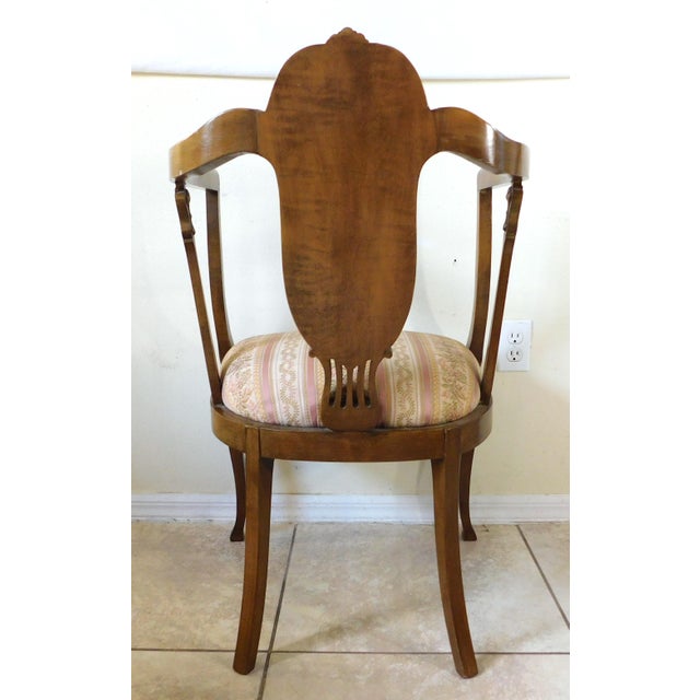 Antique Victorian Pink Floral Striped Carved Wood Brass Studded Side/End Accent Chair For Sale In West Palm - Image 6 of 15