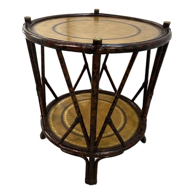 Maitland-Smith Round Two-Tier Faux Tortoiseshell & Leather Side Table For Sale