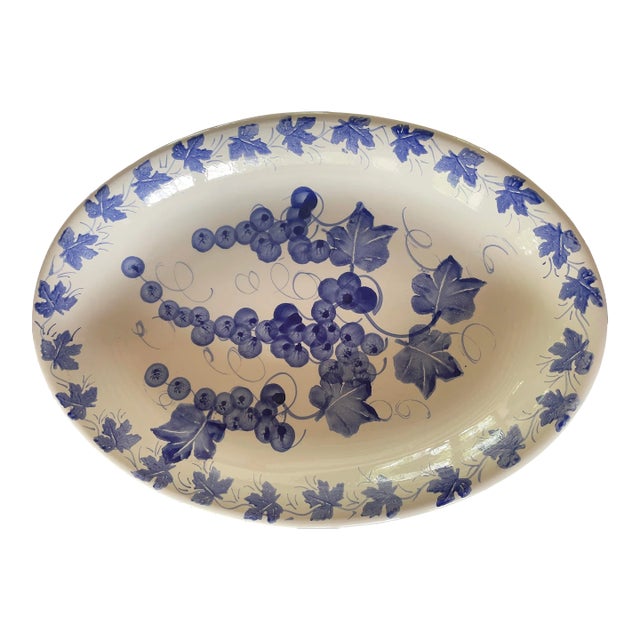 Italian Blue and White Pottery Platter Grapes Leaves For Sale