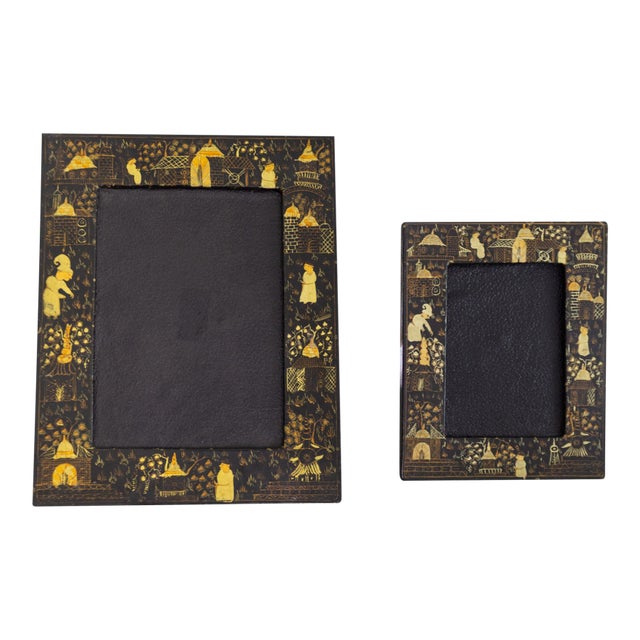 Pair of Vintage Hand Painted Black Lacquered Chinoisere Picture Frames For Sale