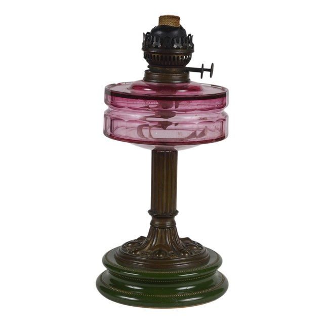 Art Nouveau Ceramic, Glass and Metal Oil Lamp with Original Working Double Wick For Sale