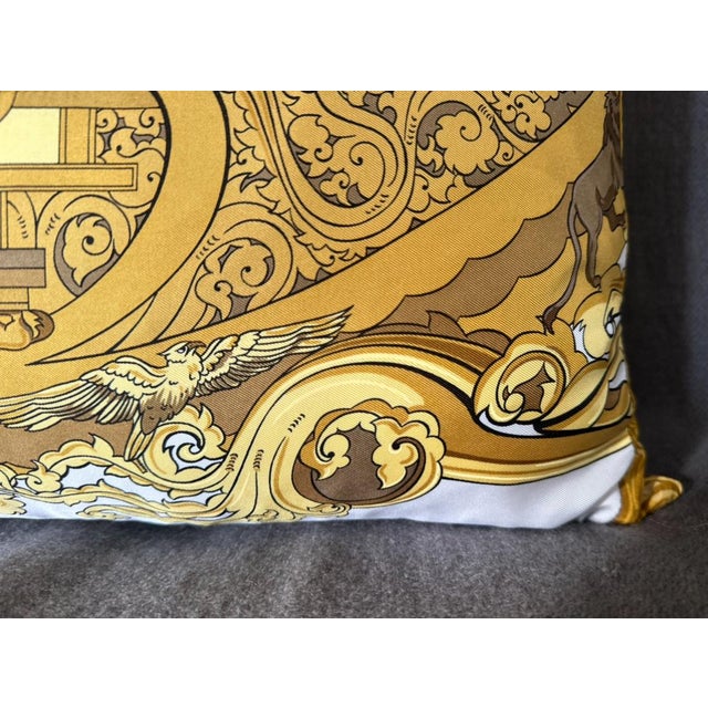 Gold Unique Hermes Dunbar Silk Scarf Pillows 20" X 13". Animaux Solaire For Sale - Image 8 of 12