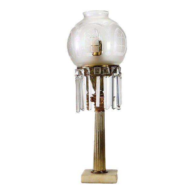 Antique Argand Neoclassical Brass, Crystal & Marble Solar Table Lamp C1840 For Sale