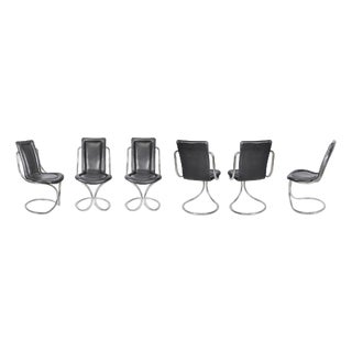 Tubular Steel Chairs with Black Leather by Tecnosalotto, 1970s, Set of 6 For Sale