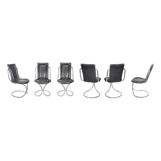 Tubular Steel Chairs with Black Leather by Tecnosalotto, 1970s, Set of 6 For Sale