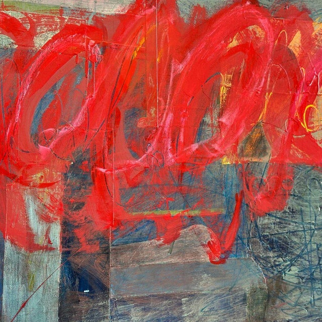 Christiane Corcelle "Rouge Pour Toujours I" Acrylic and Collage on Canvas, Abstract Painting With Red Loops on Teal Blue, 2026 For Sale - Image 4 of 6