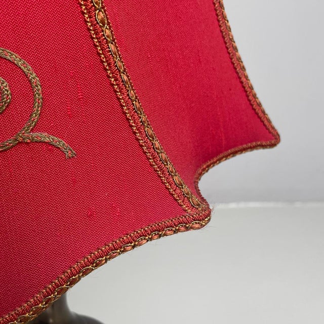 Mid-Century Modern Italian Table Lamp Red Fabric Shade with Decorations, 1950s For Sale - Image 10 of 18