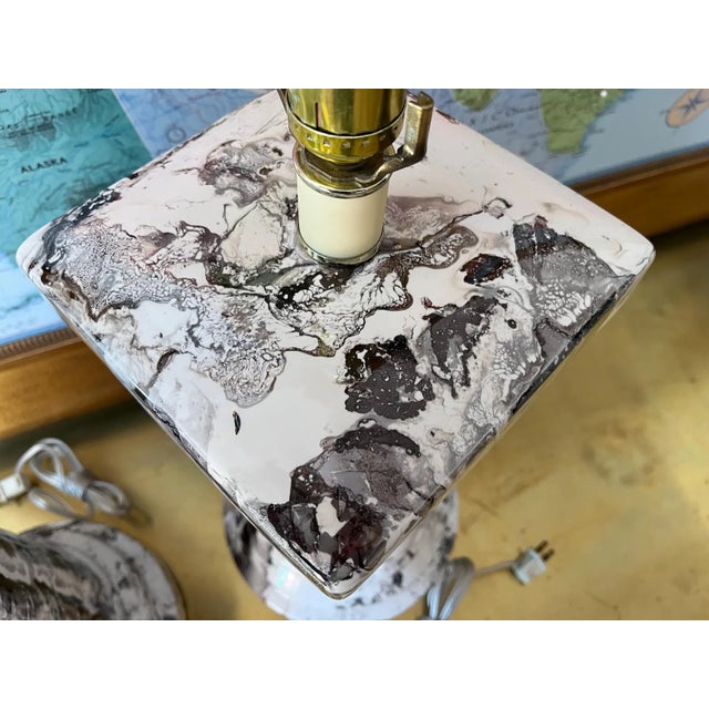 1970s Marbled Column Lamps & Shades - A Pair For Sale - Image 12 of 15