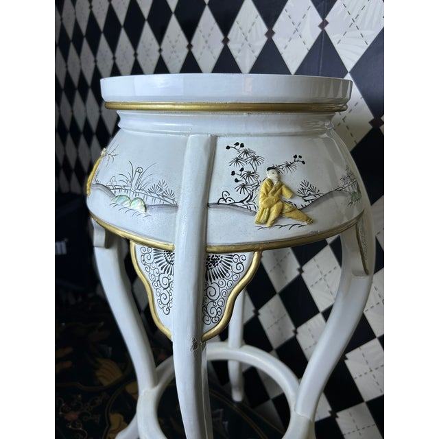 Shell 1980s Chinoiserie Mother-of-Pearl Inlaid Tall Stool or Side Table With Glass Top, 25" For Sale - Image 7 of 17
