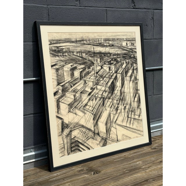 Abstract 1980s Abstract Architectural Cityscape Charcoal Drawing on Paper For Sale - Image 3 of 3