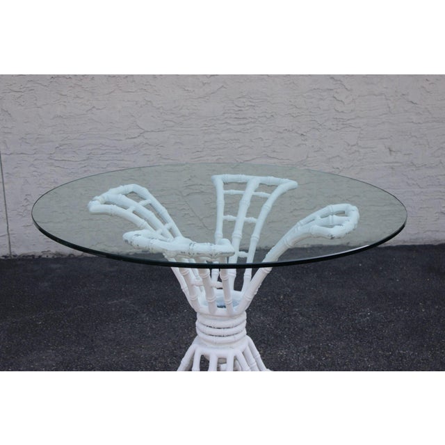 Hollywood Regency Cast Aluminum Faux Bamboo Round Glass Top Patio Table For Sale - Image 9 of 18