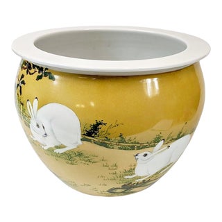 Hand Painted Porcelain Planter With Rabbits For Sale