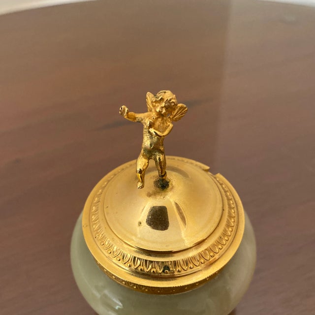 Beautiful Italian salt cellar with gilt cherub motif! Pretty midcentury green stone, stamped Italy