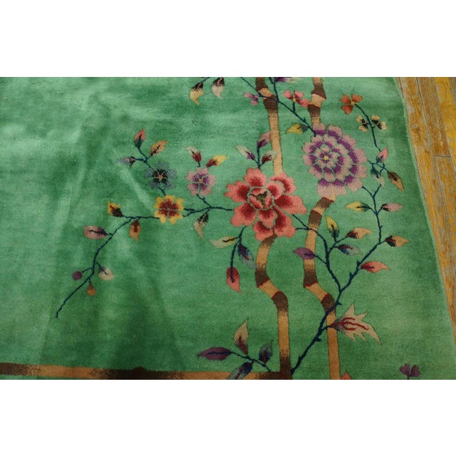 Outstanding Jade-Green Background Color With Details of Purple Flowers Vases in a Floral Design Chinese Art Deco Rug For Sale - Image 12 of 15
