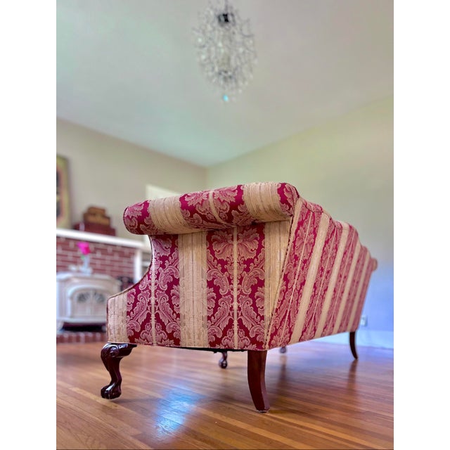 Chippendale-Style Camelback Sofa in Red & Gold Striped Damask With Claw-and-Ball Feet For Sale - Image 9 of 10