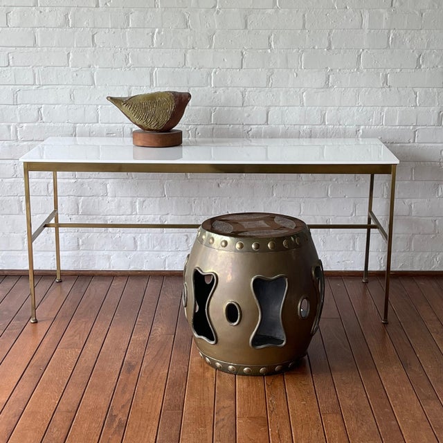 Metal Paul McCobb Brass Base Console Table with Vitrolite Top For Sale - Image 7 of 7
