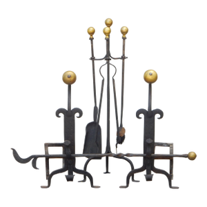 Arts and Crafts Era Blacksmith-Made Brass Iron Andirons & Fireplace Tool Set