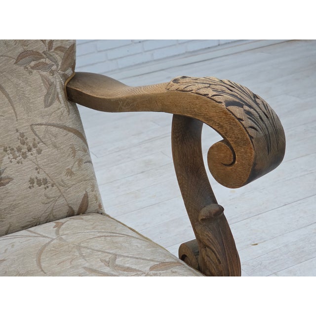 Vintage Danish Lounge Chair in Furniture Fabric and Carved Oak, 1950s For Sale - Image 6 of 18