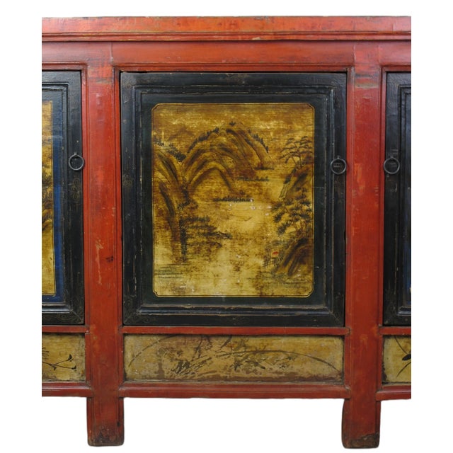 Late 19th Century Late 19th Century Hand Painted 78" Long Red Gansu Sideboard Cabinet For Sale - Image 5 of 13